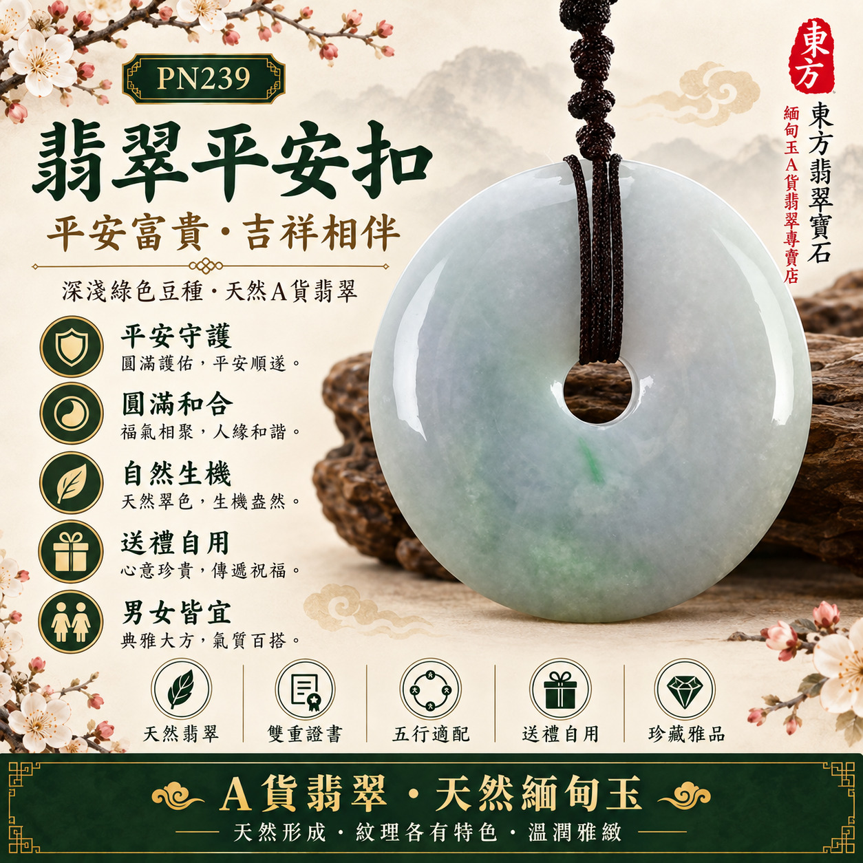 【A貨翡翠平安扣項鍊玉珮｜PN239｜深淺綠色豆種緬甸玉、天然色澤層次、沉穩生機平安圓滿】天然翡翠平安扣玉墜，深淺綠色豆種呈現自然翠色濃淡與樸實天然玉質，玉面色澤具有明顯深淺層次與自然個性，寓意平安富貴、圓滿和合、自然生機、生活順遂、家庭安穩、福氣相伴，適合男女日常佩戴、父母長輩贈禮、親友平安祝福、重要節慶送禮與天然翡翠收藏，客製化訂做各種翡翠平安扣吊墜玉珮項鍊，PN239，附A貨翡翠雙證書1