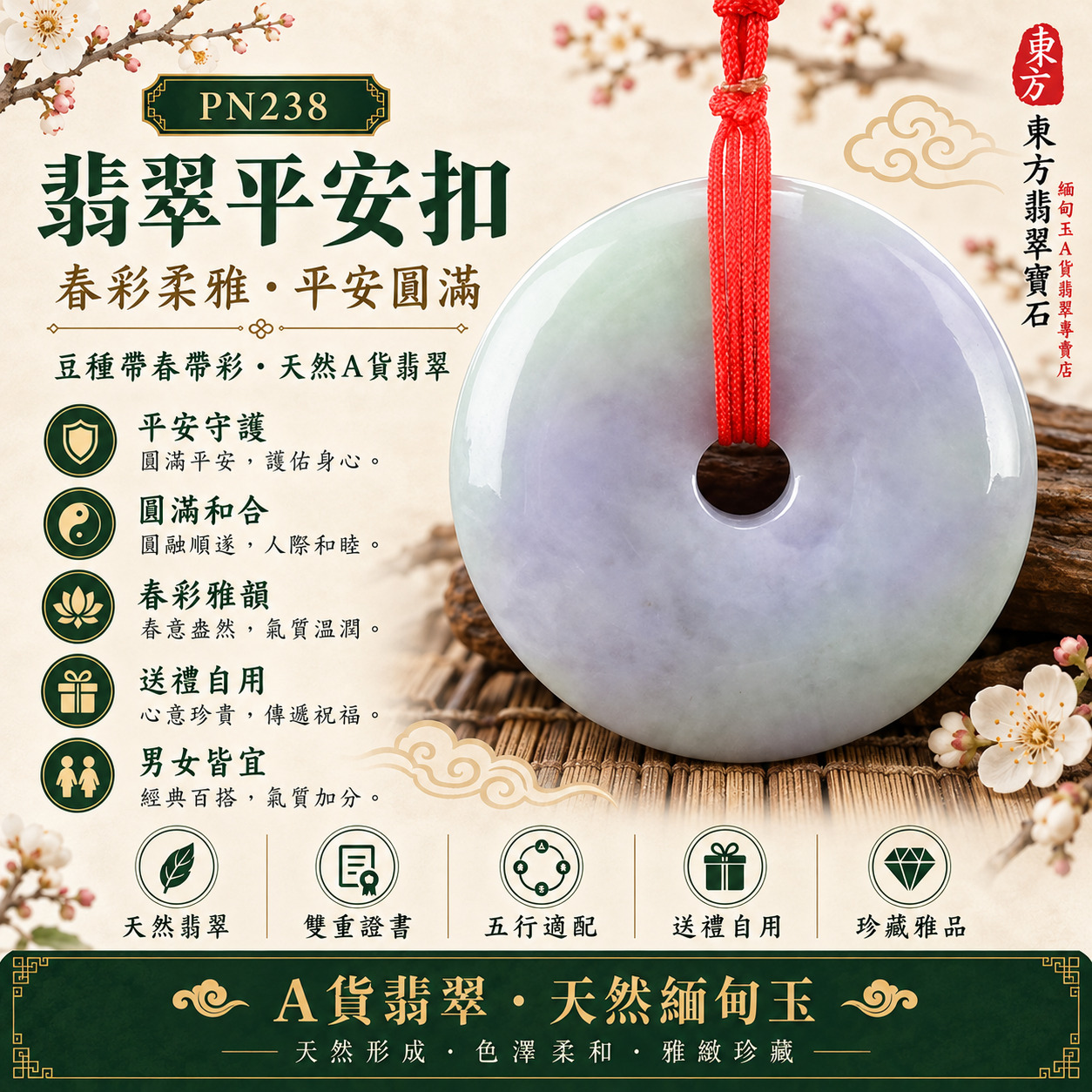 【A貨翡翠平安扣項鍊玉珮|PN238|豆種春帶彩緬甸玉、紫綠色澤自然交融、清雅喜氣平安圓滿】天然翡翠平安扣玉墜,豆種春帶彩呈現柔和紫色與自然綠意相互交融的天然色彩層次,兼具溫柔雅緻與自然生機,寓意平安富貴、圓滿和合、喜氣相伴、福氣長久、家庭和樂、生活順遂,適合男女日常佩戴、夫妻情侶贈禮、家人祝福、節慶送禮與天然春帶彩翡翠收藏,客製化訂做各種翡翠平安扣吊墜玉珮項鍊,PN238,附A貨翡翠雙證書1 【A貨翡翠平安扣項鍊玉珮|PN238|豆種春帶彩緬甸玉、紫綠色澤自然交融、清雅喜氣平安圓滿】天然翡翠平安扣玉墜,豆種春帶彩呈現柔和紫色與自然綠意相互交融的天然色彩層次,兼具溫柔雅緻與自然生機,寓意平安富貴、圓滿和合、喜氣相伴、福氣長久、家庭和樂、生活順遂,適合男女日常佩戴、夫妻情侶贈禮、家人祝福、節慶送禮與天然春帶彩翡翠收藏,客製化訂做各種翡翠平安扣吊墜玉珮項鍊,PN238,附A貨翡翠雙證書1