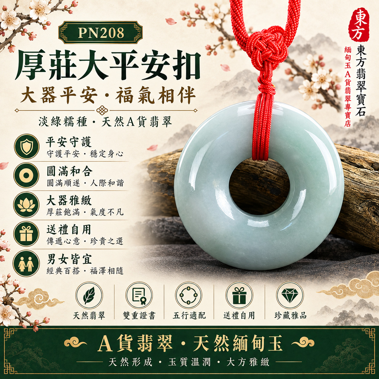 【A貨翡翠大平安扣項鍊玉珮｜PN208｜淡綠糯種緬甸玉、厚莊大器清雅、溫潤圓滿平安順遂】天然翡翠大平安扣玉墜，淡綠糯種呈現柔和清潤的天然玉色與溫潤玉質，厚莊大塊料輪廓沉穩大方，寓意平安富貴、圓滿和合、自然生機、家庭安穩、生活順遂、福氣長伴，適合男女大器佩戴、父母長輩贈禮、家人祝福、重要節慶送禮與天然翡翠收藏，客製化訂做各種翡翠大平安扣吊墜玉珮項鍊，PN208，附A貨翡翠雙證書1