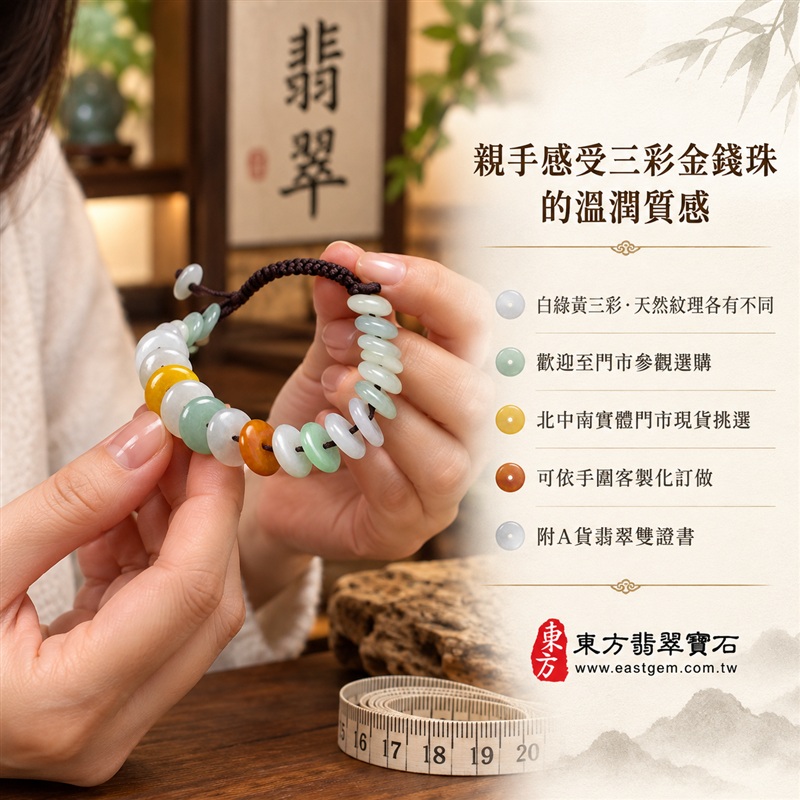 天然A貨三彩金錢珠翡翠手鍊|三彩金錢珠緬甸玉手鍊|白翡翠×淡綠翡翠×黃翡翠金錢珠|白綠黃三彩相映・蜜糖黃色點綴・色澤溫潤・珠珠呈現天然紋理與獨特風貌|金錢珠扁圓造型・深色編繩串連・沉穩雅緻|招財納福・財源廣進・福祿圓滿・平安吉祥|三彩翡翠傳統文化寓意|珠徑約10mm・精緻輕巧・男女皆宜|天然翡翠珠串・緬甸玉手珠・日常佩戴送禮收藏|可依手圍客製化設計各式翡翠珠串|附中國玉石鑑定證書與東方翡翠寶石保證書雙證書|OME008-4 天然A貨三彩金錢珠翡翠手鍊|三彩金錢珠緬甸玉手鍊|白翡翠×淡綠翡翠×黃翡翠金錢珠|白綠黃三彩相映・蜜糖黃色點綴・色澤溫潤・珠珠呈現天然紋理與獨特風貌|金錢珠扁圓造型・深色編繩串連・沉穩雅緻|招財納福・財源廣進・福祿圓滿・平安吉祥|三彩翡翠傳統文化寓意|珠徑約10mm・精緻輕巧・男女皆宜|天然翡翠珠串・緬甸玉手珠・日常佩戴送禮收藏|可依手圍客製化設計各式翡翠珠串|附中國玉石鑑定證書與東方翡翠寶石保證書雙證書|OME008-4