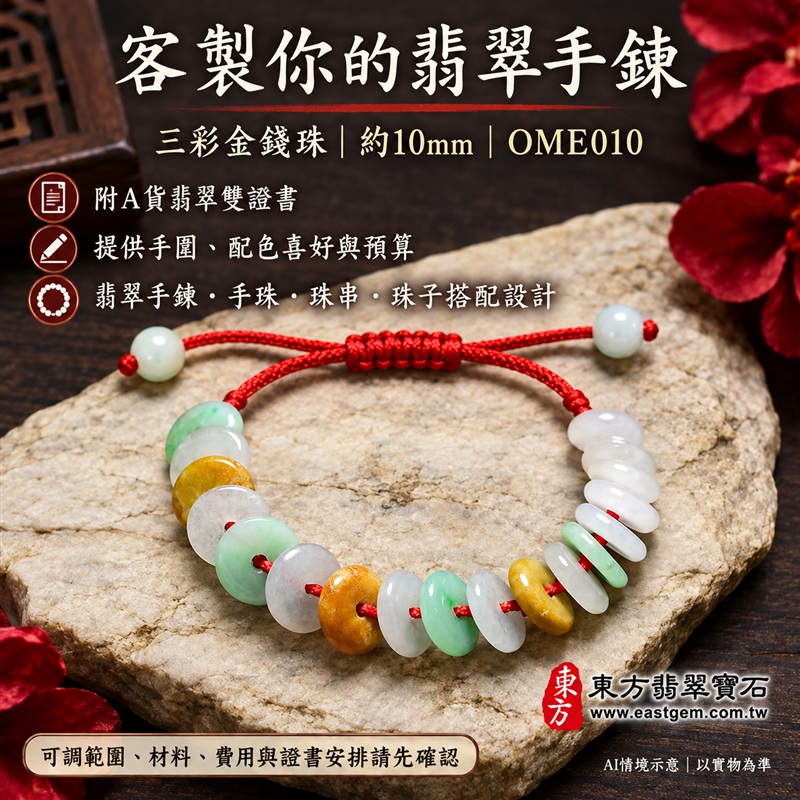 三彩金錢珠翡翠手鍊、三彩金錢珠緬甸玉手鍊|白綠黃三彩翡翠金錢珠、珠徑約10mm扁圓造型、中央穿孔、溫潤光澤、自然玉石紋理、紅色編繩與尾端小圓珠搭配|紅繩繫福、招財納福、富足喜悅、平安和諧、圓滿順心吉祥寓意|男女日常配戴、生日紀念送禮、自戴珍藏|客製化翡翠手鍊、翡翠手珠、翡翠珠串、翡翠珠子、緬甸玉手鍊、緬甸玉珠串與緬甸玉珠子搭配設計|附A貨翡翠雙證書|OME010-6 三彩金錢珠翡翠手鍊、三彩金錢珠緬甸玉手鍊|白綠黃三彩翡翠金錢珠、珠徑約10mm扁圓造型、中央穿孔、溫潤光澤、自然玉石紋理、紅色編繩與尾端小圓珠搭配|紅繩繫福、招財納福、富足喜悅、平安和諧、圓滿順心吉祥寓意|男女日常配戴、生日紀念送禮、自戴珍藏|客製化翡翠手鍊、翡翠手珠、翡翠珠串、翡翠珠子、緬甸玉手鍊、緬甸玉珠串與緬甸玉珠子搭配設計|附A貨翡翠雙證書|OME010-6
