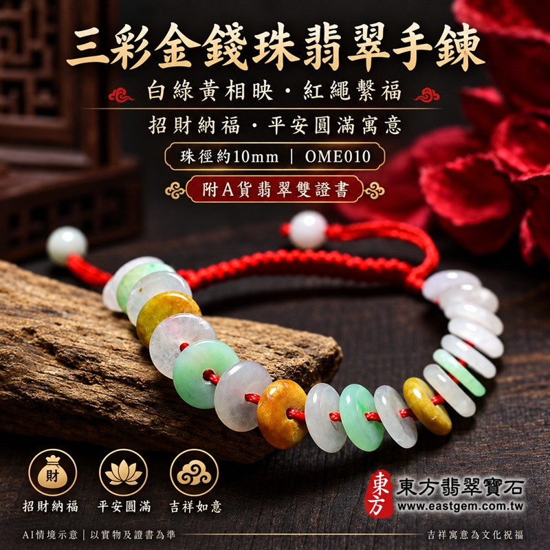 三彩金錢珠翡翠手鍊、三彩金錢珠緬甸玉手鍊|白綠黃三彩翡翠金錢珠、珠徑約10mm扁圓造型、中央穿孔、溫潤光澤、自然玉石紋理、紅色編繩與尾端小圓珠搭配|紅繩繫福、招財納福、富足喜悅、平安和諧、圓滿順心吉祥寓意|男女日常配戴、生日紀念送禮、自戴珍藏|客製化翡翠手鍊、翡翠手珠、翡翠珠串、翡翠珠子、緬甸玉手鍊、緬甸玉珠串與緬甸玉珠子搭配設計|附A貨翡翠雙證書|OME010-1 三彩金錢珠翡翠手鍊、三彩金錢珠緬甸玉手鍊|白綠黃三彩翡翠金錢珠、珠徑約10mm扁圓造型、中央穿孔、溫潤光澤、自然玉石紋理、紅色編繩與尾端小圓珠搭配|紅繩繫福、招財納福、富足喜悅、平安和諧、圓滿順心吉祥寓意|男女日常配戴、生日紀念送禮、自戴珍藏|客製化翡翠手鍊、翡翠手珠、翡翠珠串、翡翠珠子、緬甸玉手鍊、緬甸玉珠串與緬甸玉珠子搭配設計|附A貨翡翠雙證書|OME010-1