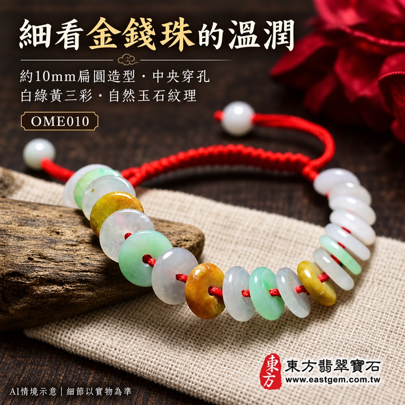 三彩金錢珠翡翠手鍊、三彩金錢珠緬甸玉手鍊|白綠黃三彩翡翠金錢珠、珠徑約10mm扁圓造型、中央穿孔、溫潤光澤、自然玉石紋理、紅色編繩與尾端小圓珠搭配|紅繩繫福、招財納福、富足喜悅、平安和諧、圓滿順心吉祥寓意|男女日常配戴、生日紀念送禮、自戴珍藏|客製化翡翠手鍊、翡翠手珠、翡翠珠串、翡翠珠子、緬甸玉手鍊、緬甸玉珠串與緬甸玉珠子搭配設計|附A貨翡翠雙證書|OME010-4 三彩金錢珠翡翠手鍊、三彩金錢珠緬甸玉手鍊|白綠黃三彩翡翠金錢珠、珠徑約10mm扁圓造型、中央穿孔、溫潤光澤、自然玉石紋理、紅色編繩與尾端小圓珠搭配|紅繩繫福、招財納福、富足喜悅、平安和諧、圓滿順心吉祥寓意|男女日常配戴、生日紀念送禮、自戴珍藏|客製化翡翠手鍊、翡翠手珠、翡翠珠串、翡翠珠子、緬甸玉手鍊、緬甸玉珠串與緬甸玉珠子搭配設計|附A貨翡翠雙證書|OME010-4