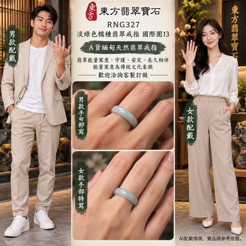 A貨緬甸天然翡翠戒指|淡綠色糯種翡翠戒指 國際圍13|綠意清雅 色調自然 溫潤玉質觀感|寓意圓滿和合、平安順遂、吉祥如意、福氣常伴、情緣長久|翡翠玉戒 版指戒 男女對戒 情侶對戒|可客製訂做翡翠戒指、吊墜、玉珮、項鍊|RNG327|附A貨翡翠雙證書2 A貨緬甸天然翡翠戒指|淡綠色糯種翡翠戒指 國際圍13|綠意清雅 色調自然 溫潤玉質觀感|寓意圓滿和合、平安順遂、吉祥如意、福氣常伴、情緣長久|翡翠玉戒 版指戒 男女對戒 情侶對戒|可客製訂做翡翠戒指、吊墜、玉珮、項鍊|RNG327|附A貨翡翠雙證書2