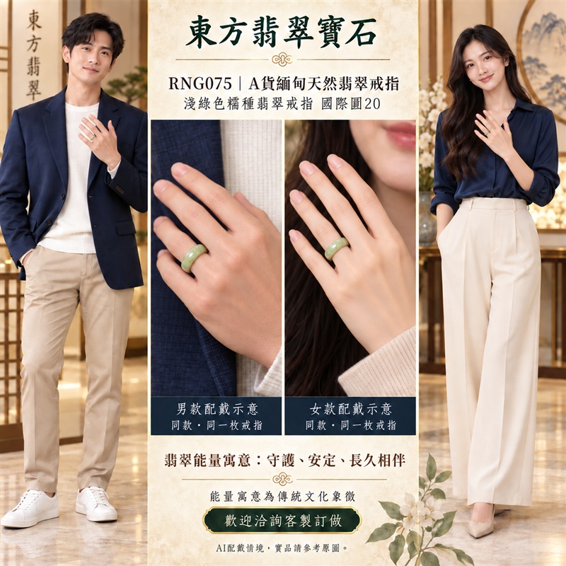 （已售出勿下標 可洽客製訂做）｜A貨緬甸天然翡翠戒指｜淺綠色糯種翡翠戒指 國際圍20｜綠意清雅 色調自然耐看 溫潤玉質觀感｜寓意圓滿和合、平安順遂、吉祥如意、福氣常伴、情緣長久｜翡翠玉戒 版指戒 結婚戒指 男女對戒 情侶對戒｜可客製訂做翡翠戒指、吊墜、玉珮、項鍊｜RNG075｜附A貨翡翠雙證書2