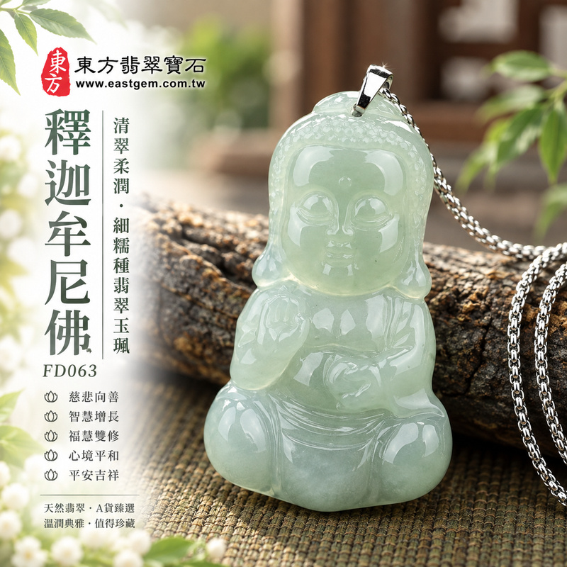 清翠柔潤細糯種釋迦牟尼佛翡翠玉珮｜FD063｜佛祖天然A貨緬甸玉項鍊吊墜・淡綠玉色明亮清新・細糯種玉質柔和綿密・佛祖右手結法印左手持珠・閉目含笑神態慈祥｜寓意慈悲向善、智慧增長、福慧雙修、清淨守心、善念相伴、沉穩自省、心境平和、平安吉祥｜可客製訂做各式翡翠釋迦牟尼佛吊墜玉珮項鍊｜附A貨翡翠雙證書1