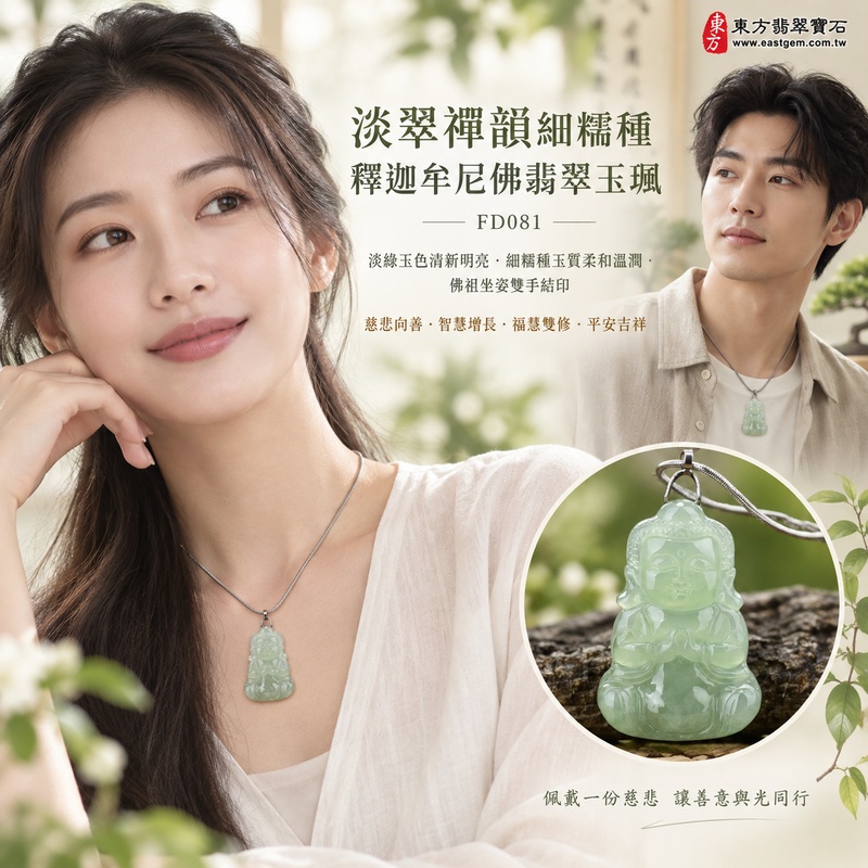 淡翠禪韻細糯種釋迦牟尼佛翡翠玉珮｜FD081｜佛祖天然A貨緬甸玉項鍊吊墜・淡綠玉色清新明亮・細糯種玉質柔和溫潤・佛祖坐姿雙手結印・閉目含笑神態慈祥｜寓意慈悲向善、智慧增長、福慧雙修、清淨守心、善念相伴、沉穩自省、心境平和、平安吉祥｜可客製訂做各式翡翠釋迦牟尼佛吊墜玉珮項鍊｜附A貨翡翠雙證書2