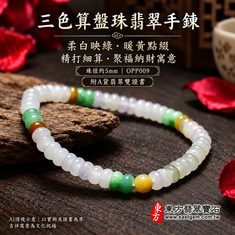 三色算盤珠翡翠手鍊、三色算盤珠緬甸玉手鍊｜白綠黃三色翡翠珠子、珠徑約5mm小巧算盤珠、圓潤扁形、細緻串連｜柔白映綠、暖黃點綴、溫潤光澤、自然玉石紋理、清雅秀氣｜精打細算、聚福納財、富足喜悅、平安和諧、圓滿順心吉祥寓意｜男女日常配戴、簡約穿搭、生日紀念送禮、自戴珍藏｜客製化翡翠手鍊、翡翠手珠、翡翠珠串、翡翠珠子、緬甸玉手鍊、緬甸玉珠串、緬甸玉珠子與緬甸玉手珠搭配設計｜附A貨翡翠雙證書｜東方翡翠寶石｜OPP009-1