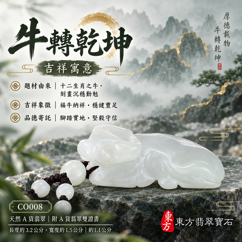 已售出可訂做｜翡翠生肖牛項鍊玉珮｜勤勉踏實・穩健進取・事業有成・福運相隨・平安吉祥｜天然A貨翡翠・緬甸玉・白翡・細豆種｜牛轉乾坤｜牛玉珮・牛玉墜・牛吊墜・翡翠牛牌・牛項鍊・緬甸玉項鍊・A貨翡翠項鍊｜CO008｜男女翡翠項鍊・送禮收藏｜客製化訂做翡翠牛玉珮、翡翠牛玉墜、翡翠牛吊墜、翡翠牛項鍊｜附A貨翡翠雙證書・東方翡翠寶石