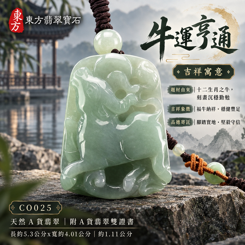 已售出可訂做｜翡翠生肖牛項鍊玉珮｜勤勉踏實・穩健進取・事業有成・福運相隨・平安吉祥｜天然A貨翡翠・緬甸玉・淡綠色・糯種｜牛運亨通｜牛玉珮・牛玉墜・牛吊墜・翡翠牛牌・牛項鍊・緬甸玉項鍊・A貨翡翠項鍊｜CO025｜男女翡翠項鍊・送禮收藏｜客製化訂做翡翠牛玉珮、翡翠牛玉墜、翡翠牛吊墜、翡翠牛項鍊｜附A貨翡翠雙證書・東方翡翠寶石