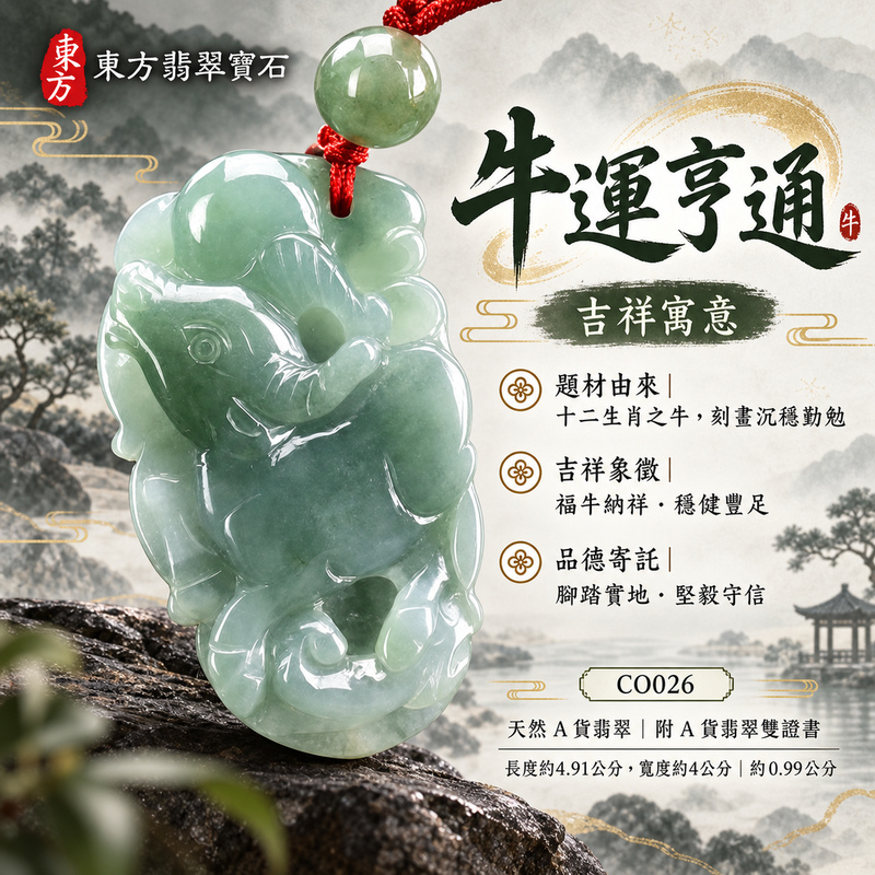 翡翠生肖牛項鍊玉珮｜勤勉踏實・穩健進取・事業有成・福運相隨・平安吉祥｜天然A貨翡翠・緬甸玉・綠色・糯種｜牛運亨通｜牛玉珮・牛玉墜・牛吊墜・翡翠牛牌・牛項鍊・緬甸玉項鍊・A貨翡翠項鍊｜CO026｜男女翡翠項鍊・送禮收藏｜客製化訂做翡翠牛玉珮、翡翠牛玉墜、翡翠牛吊墜、翡翠牛項鍊｜附A貨翡翠雙證書・東方翡翠寶石