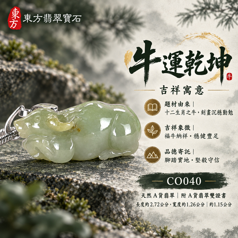 翡翠生肖牛項鍊玉珮|勤勉踏實・穩健進取・事業有成・福運相隨・平安吉祥|天然A貨翡翠・緬甸玉・淡綠・糯種|牛運乾坤|牛玉珮・牛玉墜・牛吊墜・翡翠牛牌・牛項鍊・緬甸玉項鍊・A貨翡翠項鍊|CO040|男女翡翠項鍊・送禮收藏|客製化訂做翡翠牛玉珮、翡翠牛玉墜、翡翠牛吊墜、翡翠牛項鍊|附A貨翡翠雙證書・東方翡翠寶石 翡翠生肖牛項鍊玉珮|勤勉踏實・穩健進取・事業有成・福運相隨・平安吉祥|天然A貨翡翠・緬甸玉・淡綠・糯種|牛運乾坤|牛玉珮・牛玉墜・牛吊墜・翡翠牛牌・牛項鍊・緬甸玉項鍊・A貨翡翠項鍊|CO040|男女翡翠項鍊・送禮收藏|客製化訂做翡翠牛玉珮、翡翠牛玉墜、翡翠牛吊墜、翡翠牛項鍊|附A貨翡翠雙證書・東方翡翠寶石