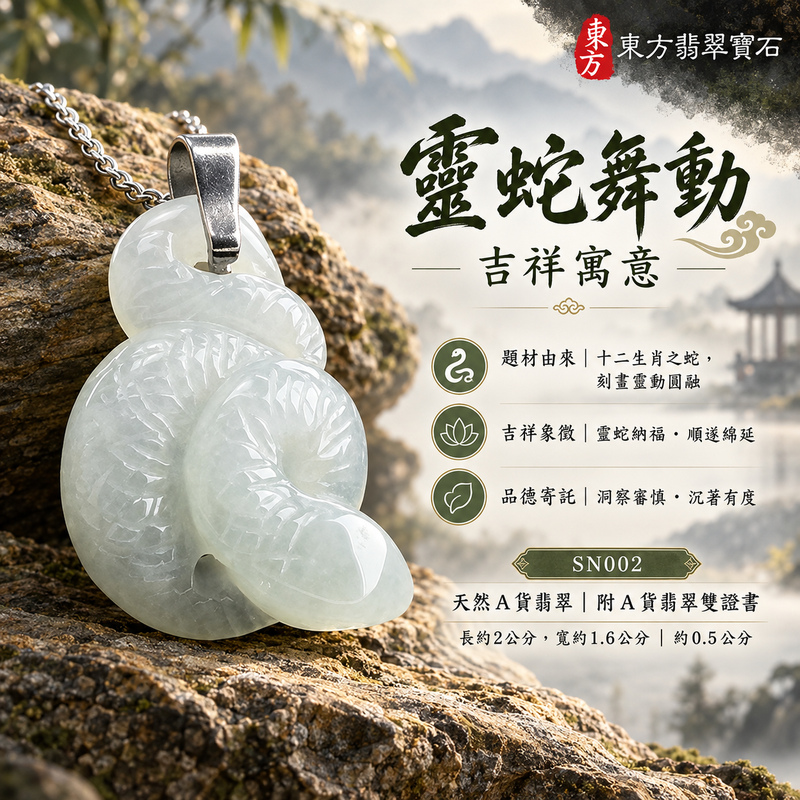 已售出可訂做｜翡翠生肖蛇項鍊玉珮｜智慧靈動・沉著應變・順遂安泰・福運相隨・平安吉祥｜天然A貨翡翠・緬甸玉・白翡・糯種｜靈蛇舞動｜蛇玉珮・蛇玉墜・蛇吊墜・翡翠蛇牌・蛇項鍊・緬甸玉項鍊・A貨翡翠項鍊｜SN002｜男女翡翠項鍊・送禮收藏｜客製化訂做翡翠蛇玉珮、翡翠蛇玉墜、翡翠蛇吊墜、翡翠蛇項鍊｜附A貨翡翠雙證書・東方翡翠寶石