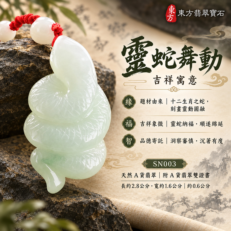 已售出可訂做｜翡翠生肖蛇項鍊玉珮｜智慧靈動・沉著應變・順遂安泰・福運相隨・平安吉祥｜天然A貨翡翠・緬甸玉・白翡・糯種｜靈蛇舞動｜蛇玉珮・蛇玉墜・蛇吊墜・翡翠蛇牌・蛇項鍊・緬甸玉項鍊・A貨翡翠項鍊｜SN003｜男女翡翠項鍊・送禮收藏｜客製化訂做翡翠蛇玉珮、翡翠蛇玉墜、翡翠蛇吊墜、翡翠蛇項鍊｜附A貨翡翠雙證書・東方翡翠寶石