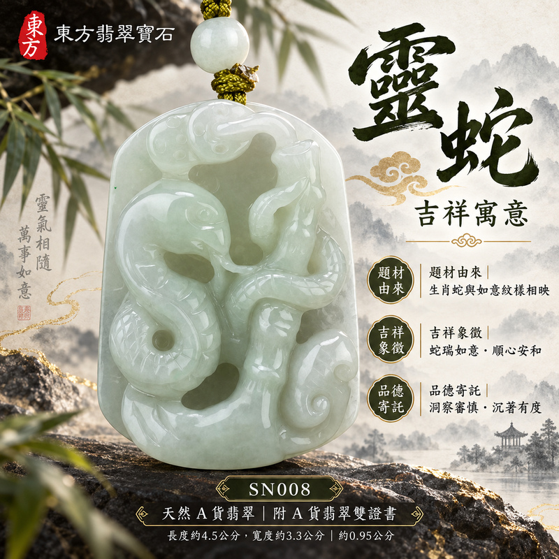翡翠生肖蛇項鍊玉珮|智慧靈動・沉著應變・順遂安泰・福運相隨・平安吉祥・萬事如意・招財納福・福氣臨門|天然A貨翡翠・緬甸玉・糯種|招財靈蛇帶如意與蝙蝠|蛇玉珮・蛇玉墜・蛇吊墜・翡翠蛇牌・蛇項鍊・緬甸玉項鍊・A貨翡翠項鍊|SN008|男女翡翠項鍊・送禮收藏|客製化訂做翡翠蛇玉珮、翡翠蛇玉墜、翡翠蛇吊墜、翡翠蛇項鍊|附A貨翡翠雙證書・東方翡翠寶石 翡翠生肖蛇項鍊玉珮|智慧靈動・沉著應變・順遂安泰・福運相隨・平安吉祥・萬事如意・招財納福・福氣臨門|天然A貨翡翠・緬甸玉・糯種|招財靈蛇帶如意與蝙蝠|蛇玉珮・蛇玉墜・蛇吊墜・翡翠蛇牌・蛇項鍊・緬甸玉項鍊・A貨翡翠項鍊|SN008|男女翡翠項鍊・送禮收藏|客製化訂做翡翠蛇玉珮、翡翠蛇玉墜、翡翠蛇吊墜、翡翠蛇項鍊|附A貨翡翠雙證書・東方翡翠寶石