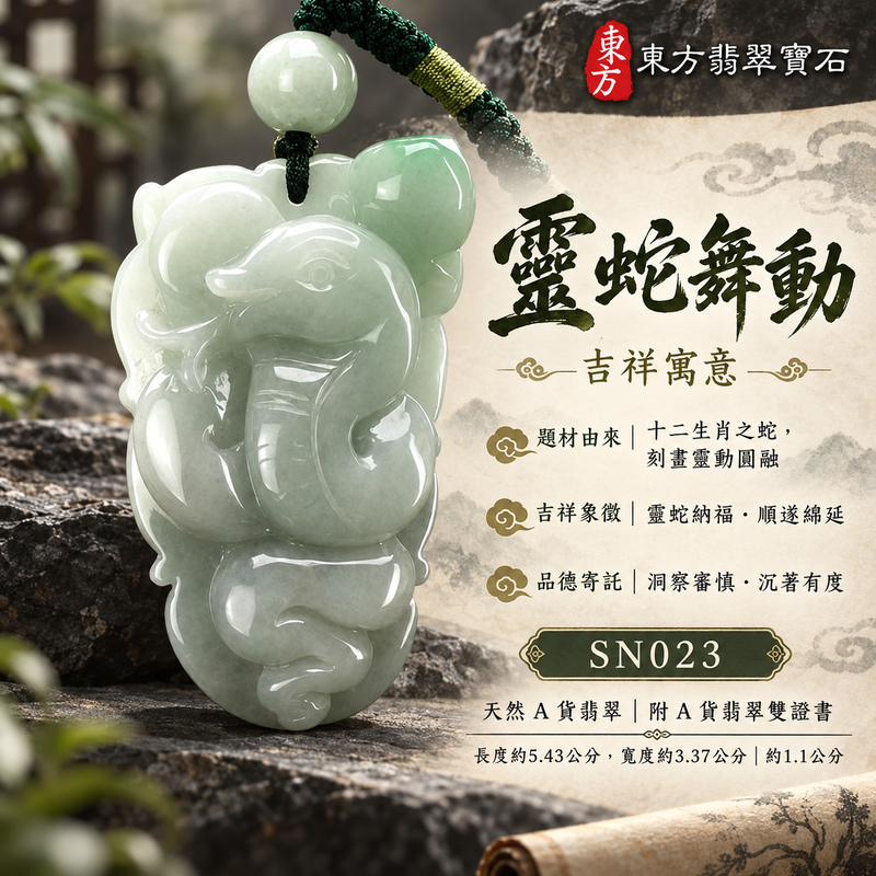 翡翠生肖蛇項鍊玉珮｜智慧靈動・沉著應變・順遂安泰・福運相隨・平安吉祥｜天然A貨翡翠・緬甸玉・淡綠・糯種｜靈蛇舞動｜蛇玉珮・蛇玉墜・蛇吊墜・翡翠蛇牌・蛇項鍊・緬甸玉項鍊・A貨翡翠項鍊｜SN023｜男女翡翠項鍊・送禮收藏｜客製化訂做翡翠蛇玉珮、翡翠蛇玉墜、翡翠蛇吊墜、翡翠蛇項鍊｜附A貨翡翠雙證書・東方翡翠寶石