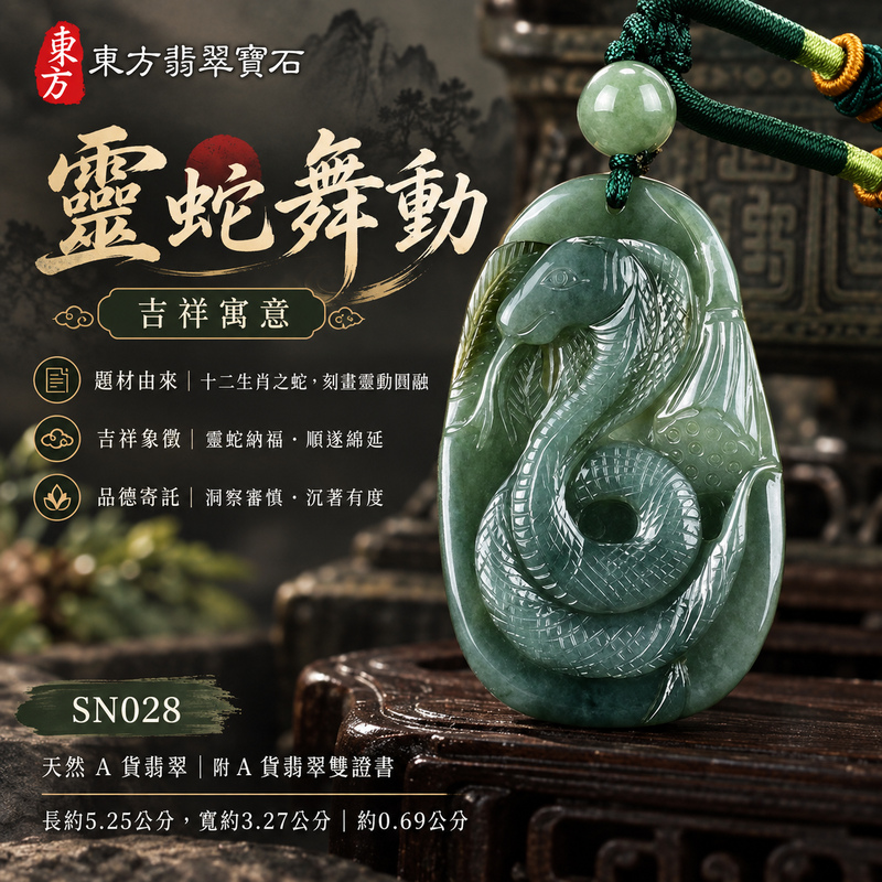 已售出可訂做｜翡翠生肖蛇項鍊玉珮｜智慧靈動・沉著應變・順遂安泰・福運相隨・平安吉祥｜天然A貨翡翠・緬甸玉・綠色・油青・糯種｜靈蛇舞動｜蛇玉珮・蛇玉墜・蛇吊墜・翡翠蛇牌・蛇項鍊・緬甸玉項鍊・A貨翡翠項鍊｜SN028｜男女翡翠項鍊・送禮收藏｜客製化訂做翡翠蛇玉珮、翡翠蛇玉墜、翡翠蛇吊墜、翡翠蛇項鍊｜附A貨翡翠雙證書・東方翡翠寶石