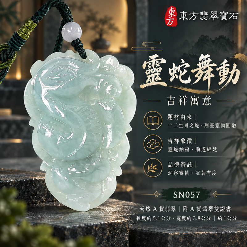 翡翠生肖蛇項鍊玉珮｜智慧靈動・沉著應變・順遂安泰・福運相隨・平安吉祥｜天然A貨翡翠・緬甸玉・糯種・春帶彩｜靈蛇舞動｜蛇玉珮・蛇玉墜・蛇吊墜・翡翠蛇牌・蛇項鍊・緬甸玉項鍊・A貨翡翠項鍊｜SN057｜男女翡翠項鍊・送禮收藏｜客製化訂做翡翠蛇玉珮、翡翠蛇玉墜、翡翠蛇吊墜、翡翠蛇項鍊｜附A貨翡翠雙證書・東方翡翠寶石
