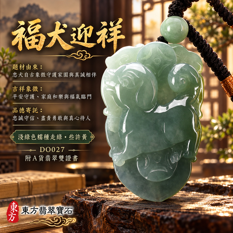 翡翠生肖狗項鍊玉珮｜忠誠守護・旺家納福・事業順遂・福運相隨・平安吉祥｜天然A貨翡翠・緬甸玉・淺綠色・黃翡翠・糯種・些許黃翡｜狗來富貴｜狗玉珮・狗玉墜・狗吊墜・翡翠狗牌・狗項鍊・緬甸玉項鍊・A貨翡翠項鍊｜DO027｜男女翡翠項鍊・送禮收藏｜客製化訂做翡翠狗玉珮、翡翠狗玉墜、翡翠狗吊墜、翡翠狗項鍊｜附A貨翡翠雙證書・東方翡翠寶石