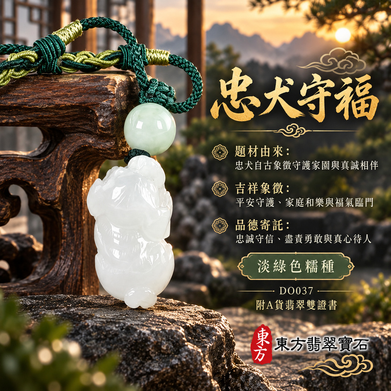 翡翠生肖狗項鍊玉珮｜忠誠守護・旺家納福・事業順遂・福運相隨・平安吉祥｜天然A貨翡翠・淡綠色・糯種｜狗來富貴｜狗玉珮・狗玉墜・狗吊墜・翡翠狗牌・狗項鍊・緬甸玉項鍊・A貨翡翠項鍊｜DO037｜男女翡翠項鍊・送禮收藏｜客製化訂做翡翠狗玉珮、翡翠狗玉墜、翡翠狗吊墜、翡翠狗項鍊｜附A貨翡翠雙證書・東方翡翠寶石