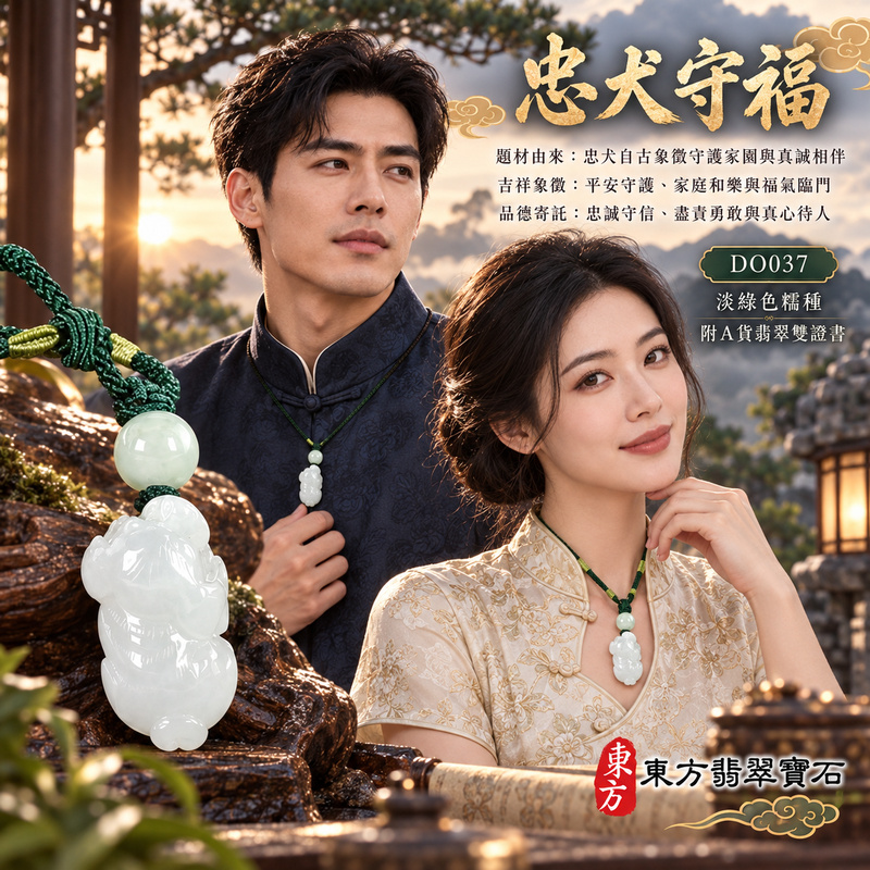 翡翠生肖狗項鍊玉珮｜忠誠守護・旺家納福・事業順遂・福運相隨・平安吉祥｜天然A貨翡翠・淡綠色・糯種｜狗來富貴｜狗玉珮・狗玉墜・狗吊墜・翡翠狗牌・狗項鍊・緬甸玉項鍊・A貨翡翠項鍊｜DO037｜男女翡翠項鍊・送禮收藏｜客製化訂做翡翠狗玉珮、翡翠狗玉墜、翡翠狗吊墜、翡翠狗項鍊｜附A貨翡翠雙證書・東方翡翠寶石