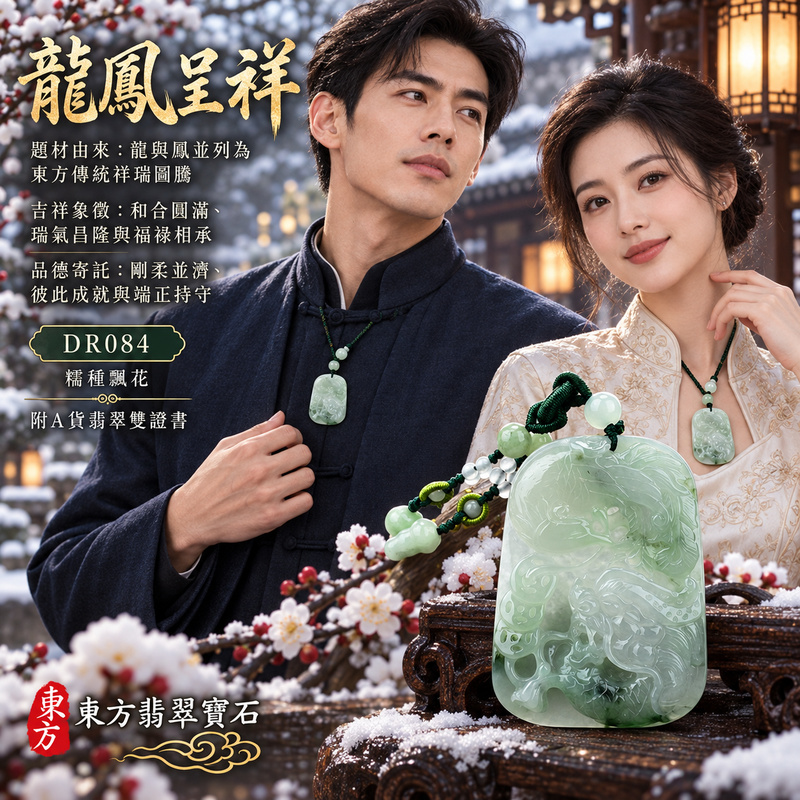 已售出可訂做｜翡翠龍鳳項鍊玉珮｜龍鳳呈祥・和合圓滿・富貴吉祥・前程光明・平安順遂・招財納福｜天然A貨翡翠・緬甸玉・糯種・飄花｜龍鳳呈祥｜龍鳳玉珮・龍鳳玉墜・龍鳳吊墜・翡翠龍鳳牌・龍鳳項鍊・緬甸玉項鍊・A貨翡翠項鍊｜DR084｜男女翡翠項鍊・送禮收藏｜客製化訂做翡翠龍鳳玉珮、翡翠龍鳳玉墜、翡翠龍鳳吊墜、翡翠龍鳳項鍊｜附A貨翡翠雙證書・東方翡翠寶石
