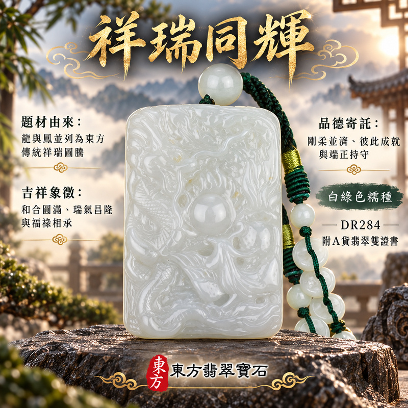 翡翠龍鳳項鍊玉珮｜龍鳳呈祥・和合圓滿・富貴吉祥・前程光明・平安順遂｜天然A貨翡翠・緬甸玉・白綠色・糯種｜龍鳳呈祥｜龍鳳玉珮・龍鳳玉墜・龍鳳吊墜・翡翠龍鳳牌・龍鳳項鍊・緬甸玉項鍊・A貨翡翠項鍊｜DR284｜男女翡翠項鍊・送禮收藏｜客製化訂做翡翠龍鳳玉珮、翡翠龍鳳玉墜、翡翠龍鳳吊墜、翡翠龍鳳項鍊｜附A貨翡翠雙證書・東方翡翠寶石