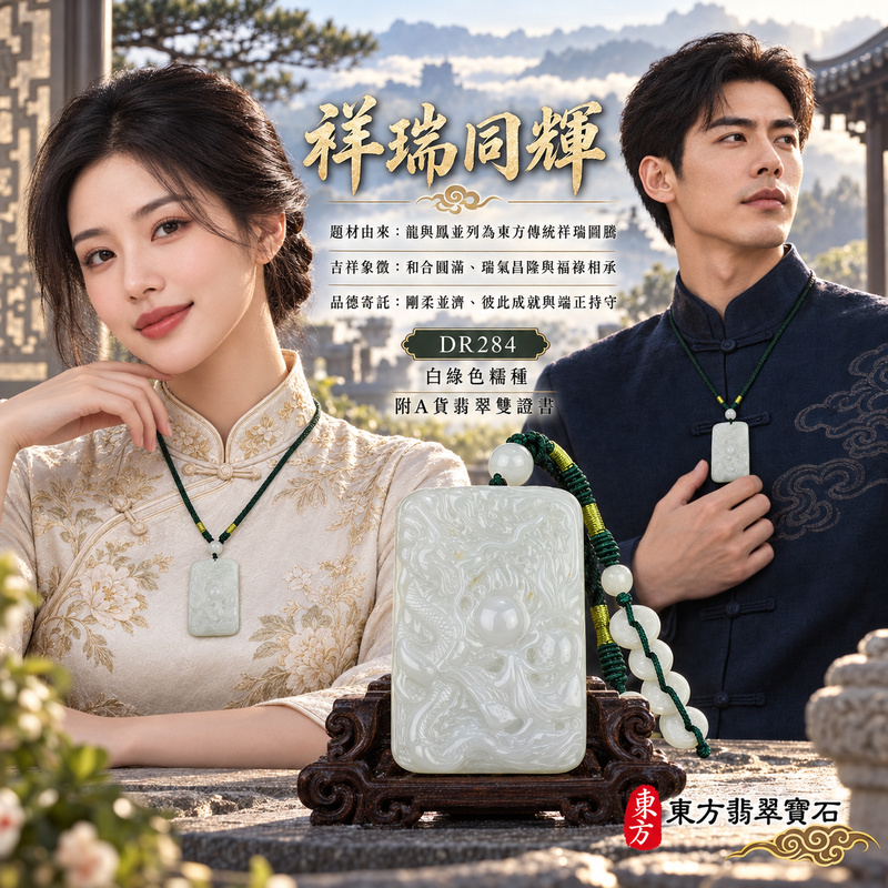 翡翠龍鳳項鍊玉珮｜龍鳳呈祥・和合圓滿・富貴吉祥・前程光明・平安順遂｜天然A貨翡翠・緬甸玉・白綠色・糯種｜龍鳳呈祥｜龍鳳玉珮・龍鳳玉墜・龍鳳吊墜・翡翠龍鳳牌・龍鳳項鍊・緬甸玉項鍊・A貨翡翠項鍊｜DR284｜男女翡翠項鍊・送禮收藏｜客製化訂做翡翠龍鳳玉珮、翡翠龍鳳玉墜、翡翠龍鳳吊墜、翡翠龍鳳項鍊｜附A貨翡翠雙證書・東方翡翠寶石
