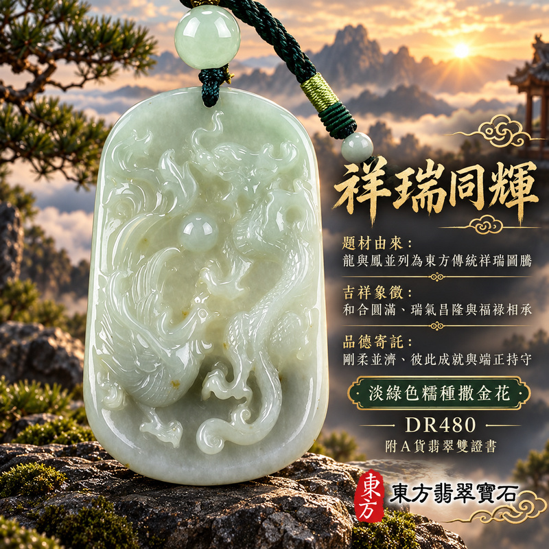 翡翠龍鳳項鍊玉珮｜龍鳳呈祥・和合圓滿・富貴吉祥・前程光明・平安順遂｜天然A貨翡翠・緬甸玉・淡綠色・糯種・撒金花｜龍鳳呈祥｜龍鳳玉珮・龍鳳玉墜・龍鳳吊墜・翡翠龍鳳牌・龍鳳項鍊・緬甸玉項鍊・A貨翡翠項鍊｜DR480｜男女翡翠項鍊・送禮收藏｜客製化訂做翡翠龍鳳玉珮、翡翠龍鳳玉墜、翡翠龍鳳吊墜、翡翠龍鳳項鍊｜附A貨翡翠雙證書・東方翡翠寶石