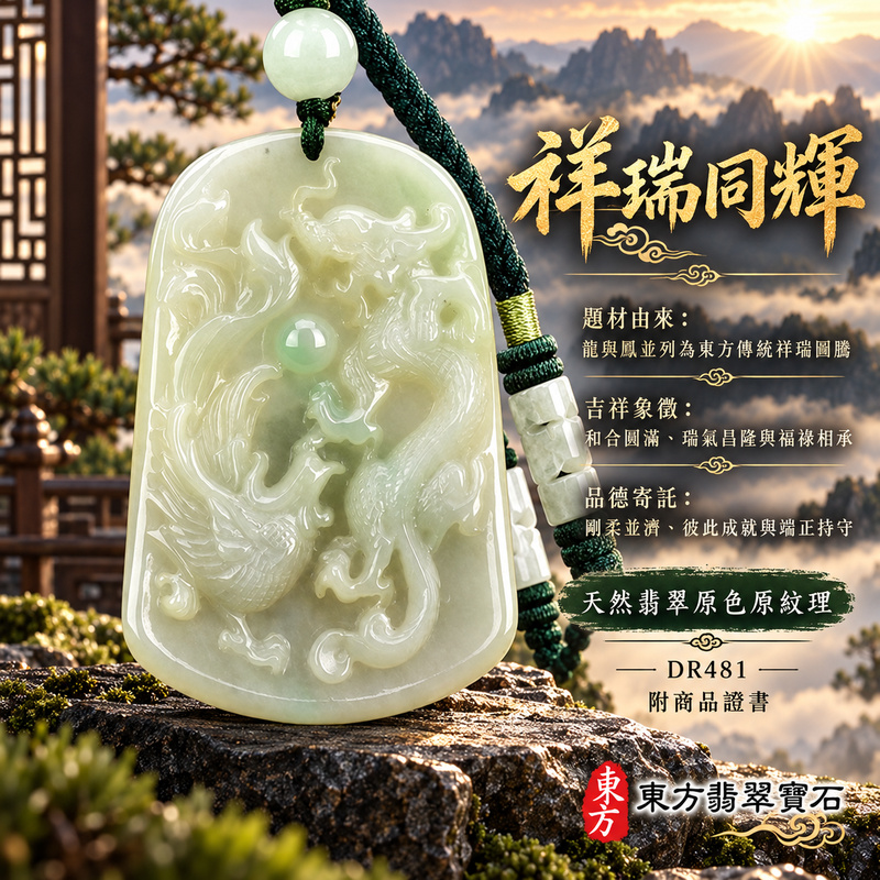 已售出可訂做｜翡翠龍鳳項鍊玉珮｜龍鳳呈祥・和合圓滿・富貴吉祥・前程光明・平安順遂｜天然A貨翡翠・緬甸玉・淡綠色・糯種・帶飄花｜龍鳳呈祥｜龍鳳玉珮・龍鳳玉墜・龍鳳吊墜・翡翠龍鳳牌・龍鳳項鍊・緬甸玉項鍊・A貨翡翠項鍊｜DR481｜男女翡翠項鍊・送禮收藏｜客製化訂做翡翠龍鳳玉珮、翡翠龍鳳玉墜、翡翠龍鳳吊墜、翡翠龍鳳項鍊｜附A貨翡翠雙證書・東方翡翠寶石