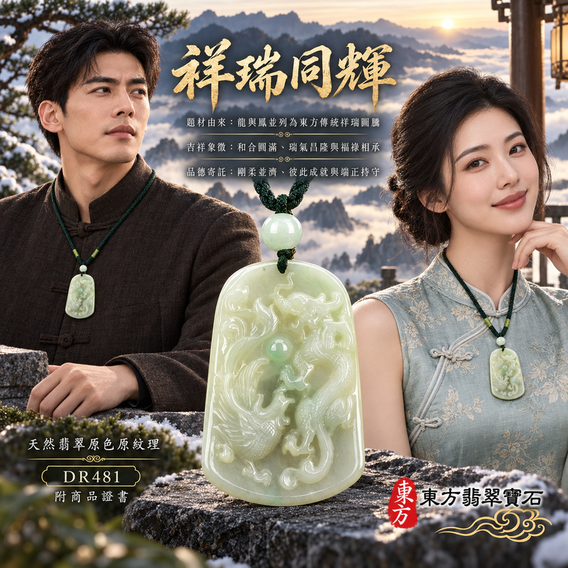 已售出可訂做｜翡翠龍鳳項鍊玉珮｜龍鳳呈祥・和合圓滿・富貴吉祥・前程光明・平安順遂｜天然A貨翡翠・緬甸玉・淡綠色・糯種・帶飄花｜龍鳳呈祥｜龍鳳玉珮・龍鳳玉墜・龍鳳吊墜・翡翠龍鳳牌・龍鳳項鍊・緬甸玉項鍊・A貨翡翠項鍊｜DR481｜男女翡翠項鍊・送禮收藏｜客製化訂做翡翠龍鳳玉珮、翡翠龍鳳玉墜、翡翠龍鳳吊墜、翡翠龍鳳項鍊｜附A貨翡翠雙證書・東方翡翠寶石