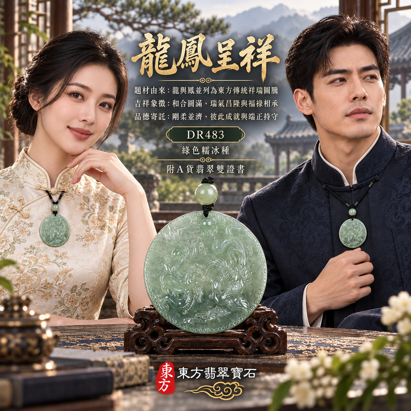 翡翠龍鳳項鍊玉珮｜龍鳳呈祥・和合圓滿・富貴吉祥・前程光明・平安順遂｜天然A貨翡翠・緬甸玉・綠色・糯冰種｜龍鳳呈祥｜龍鳳玉珮・龍鳳玉墜・龍鳳吊墜・翡翠龍鳳牌・龍鳳項鍊・緬甸玉項鍊・A貨翡翠項鍊｜DR483｜男女翡翠項鍊・送禮收藏｜客製化訂做翡翠龍鳳玉珮、翡翠龍鳳玉墜、翡翠龍鳳吊墜、翡翠龍鳳項鍊｜附A貨翡翠雙證書・東方翡翠寶石
