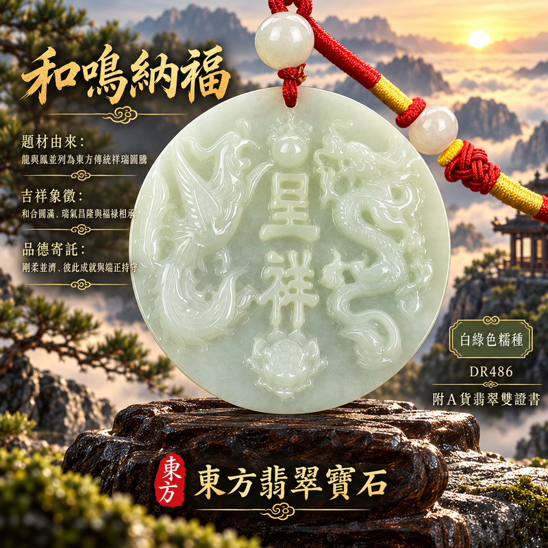 翡翠龍鳳項鍊玉珮｜龍鳳呈祥・和合圓滿・富貴吉祥・前程光明・平安順遂｜天然A貨翡翠・緬甸玉・白綠色・糯種｜龍鳳呈祥｜龍鳳玉珮・龍鳳玉墜・龍鳳吊墜・翡翠龍鳳牌・龍鳳項鍊・緬甸玉項鍊・A貨翡翠項鍊｜DR486｜男女翡翠項鍊・送禮收藏｜客製化訂做翡翠龍鳳玉珮、翡翠龍鳳玉墜、翡翠龍鳳吊墜、翡翠龍鳳項鍊｜附A貨翡翠雙證書・東方翡翠寶石