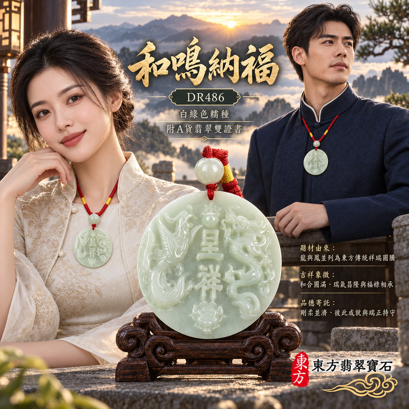 翡翠龍鳳項鍊玉珮｜龍鳳呈祥・和合圓滿・富貴吉祥・前程光明・平安順遂｜天然A貨翡翠・緬甸玉・白綠色・糯種｜龍鳳呈祥｜龍鳳玉珮・龍鳳玉墜・龍鳳吊墜・翡翠龍鳳牌・龍鳳項鍊・緬甸玉項鍊・A貨翡翠項鍊｜DR486｜男女翡翠項鍊・送禮收藏｜客製化訂做翡翠龍鳳玉珮、翡翠龍鳳玉墜、翡翠龍鳳吊墜、翡翠龍鳳項鍊｜附A貨翡翠雙證書・東方翡翠寶石