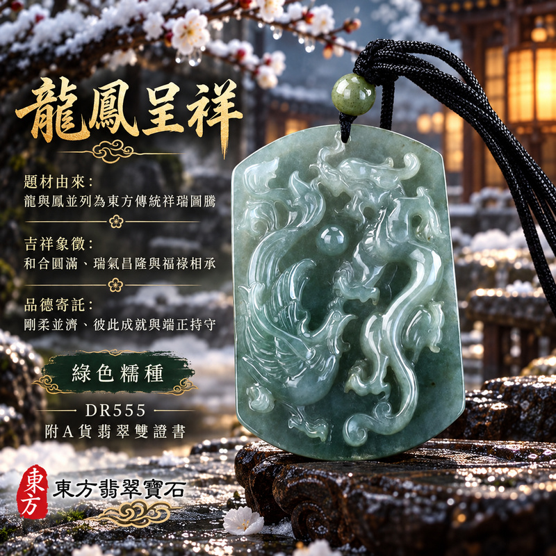 已售出可訂做｜翡翠龍鳳項鍊玉珮｜龍鳳呈祥・和合圓滿・富貴吉祥・前程光明・平安順遂｜天然A貨翡翠・緬甸玉・綠色・糯種｜龍鳳呈祥｜龍鳳玉珮・龍鳳玉墜・龍鳳吊墜・翡翠龍鳳牌・龍鳳項鍊・緬甸玉項鍊・A貨翡翠項鍊｜DR555｜男女翡翠項鍊・送禮收藏｜客製化訂做翡翠龍鳳玉珮、翡翠龍鳳玉墜、翡翠龍鳳吊墜、翡翠龍鳳項鍊｜附A貨翡翠雙證書・東方翡翠寶石
