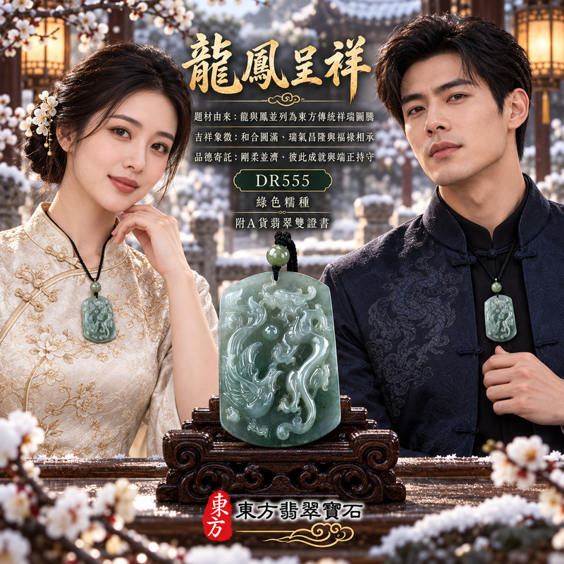 已售出可訂做｜翡翠龍鳳項鍊玉珮｜龍鳳呈祥・和合圓滿・富貴吉祥・前程光明・平安順遂｜天然A貨翡翠・緬甸玉・綠色・糯種｜龍鳳呈祥｜龍鳳玉珮・龍鳳玉墜・龍鳳吊墜・翡翠龍鳳牌・龍鳳項鍊・緬甸玉項鍊・A貨翡翠項鍊｜DR555｜男女翡翠項鍊・送禮收藏｜客製化訂做翡翠龍鳳玉珮、翡翠龍鳳玉墜、翡翠龍鳳吊墜、翡翠龍鳳項鍊｜附A貨翡翠雙證書・東方翡翠寶石