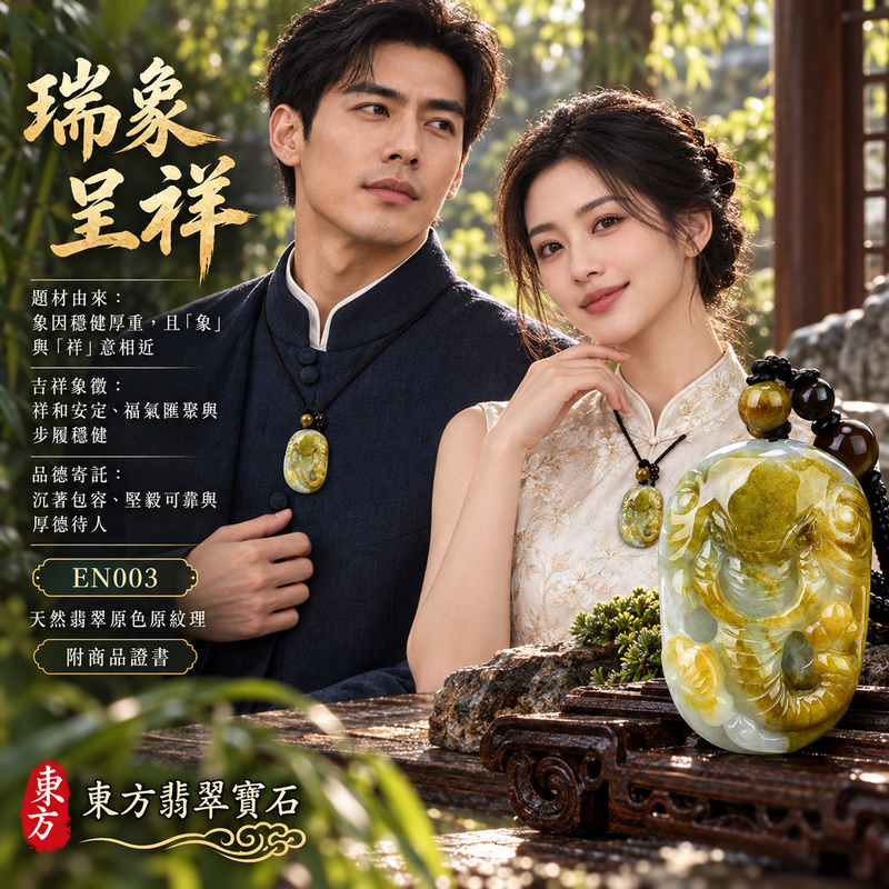 已售出可訂做｜翡翠大象項鍊玉珮｜太平有象・吉祥穩重・福氣相聚・家宅安泰・平安順遂・萬事如意｜天然A貨翡翠・緬甸玉・帶黃褐色・糯種｜吉祥如意｜象玉珮・象玉墜・象吊墜・翡翠象牌・象項鍊・緬甸玉項鍊・A貨翡翠項鍊｜EN003｜男女翡翠項鍊・送禮收藏｜客製化訂做翡翠象玉珮、翡翠象玉墜、翡翠象吊墜、翡翠象項鍊｜附A貨翡翠雙證書・東方翡翠寶石