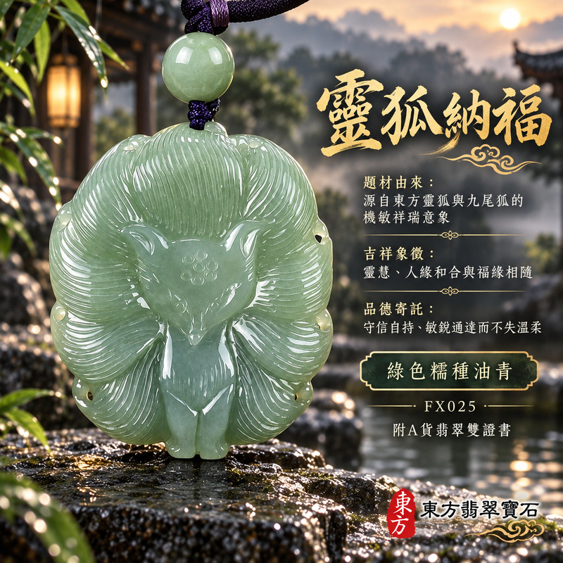 已售出可訂做｜翡翠狐狸項鍊玉珮｜靈巧敏銳・智慧圓融・和合順遂・福運相隨・平安吉祥・招財納福・福壽安康・九尾呈祥｜天然A貨翡翠・緬甸玉・綠色・油青・糯種｜九尾狐狸、招財、人緣、桃花，狐仙｜狐狸玉珮・狐狸玉墜・狐狸吊墜・翡翠狐狸牌・狐狸項鍊・緬甸玉項鍊・A貨翡翠項鍊｜FX025｜男女翡翠項鍊・送禮收藏｜客製化訂做翡翠狐狸玉珮、翡翠狐狸玉墜、翡翠狐狸吊墜、翡翠狐狸項鍊｜附A貨翡翠雙證書・東方翡翠寶石