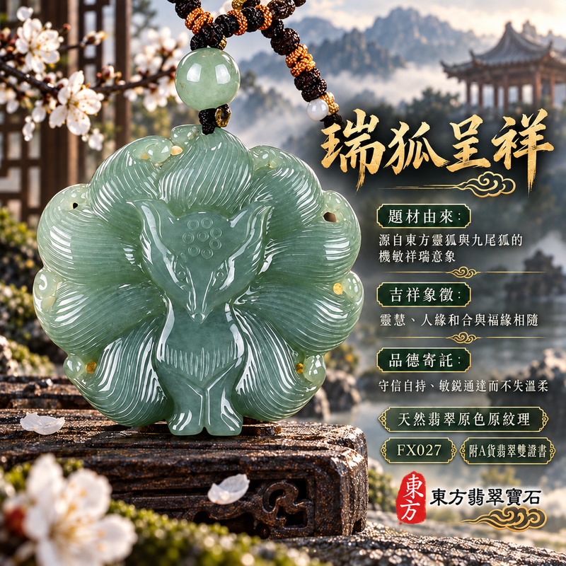 已售出可訂做｜翡翠狐狸項鍊玉珮｜靈巧敏銳・智慧圓融・和合順遂・福運相隨・平安吉祥・招財納福・福壽安康・九尾呈祥｜天然A貨翡翠・緬甸玉・綠色・油青・糯種｜九尾狐狸、招財、人緣、桃花，狐仙｜狐狸玉珮・狐狸玉墜・狐狸吊墜・翡翠狐狸牌・狐狸項鍊・緬甸玉項鍊・A貨翡翠項鍊｜FX027｜男女翡翠項鍊・送禮收藏｜客製化訂做翡翠狐狸玉珮、翡翠狐狸玉墜、翡翠狐狸吊墜、翡翠狐狸項鍊｜附A貨翡翠雙證書・東方翡翠寶石