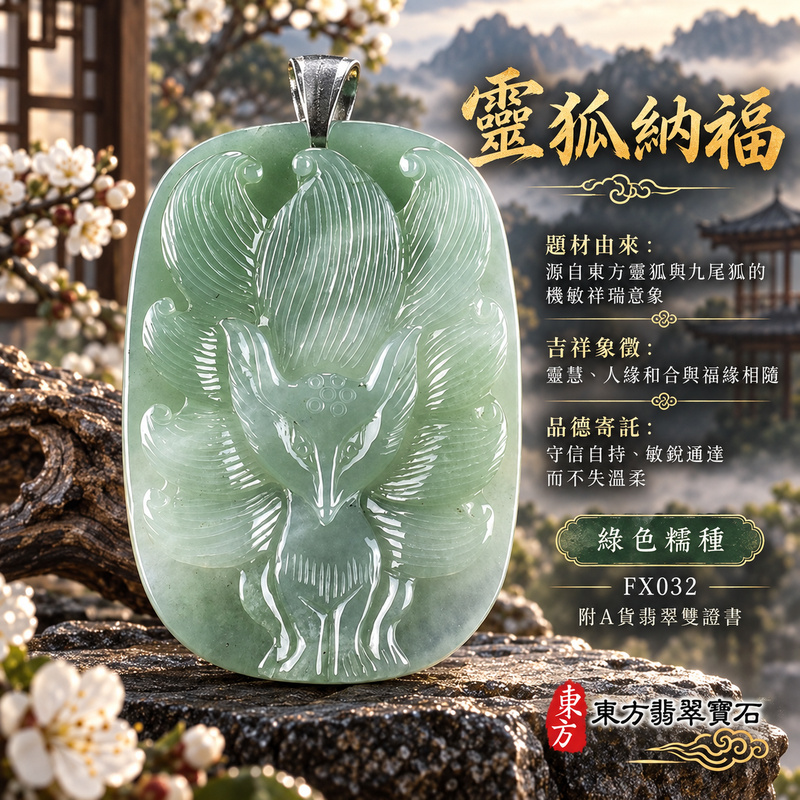 翡翠狐狸項鍊玉珮｜靈巧敏銳・智慧圓融・和合順遂・福運相隨・平安吉祥・招財納福・福壽安康・九尾呈祥｜天然A貨翡翠・緬甸玉・綠色・糯種｜九尾狐狸、招財、人緣、桃花，狐仙｜狐狸玉珮・狐狸玉墜・狐狸吊墜・翡翠狐狸牌・狐狸項鍊・緬甸玉項鍊・A貨翡翠項鍊｜FX032｜男女翡翠項鍊・送禮收藏｜客製化訂做翡翠狐狸玉珮、翡翠狐狸玉墜、翡翠狐狸吊墜、翡翠狐狸項鍊｜附A貨翡翠雙證書・東方翡翠寶石