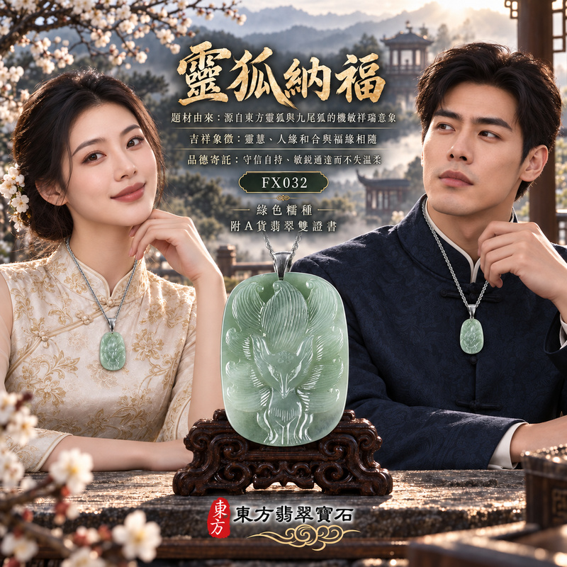 翡翠狐狸項鍊玉珮｜靈巧敏銳・智慧圓融・和合順遂・福運相隨・平安吉祥・招財納福・福壽安康・九尾呈祥｜天然A貨翡翠・緬甸玉・綠色・糯種｜九尾狐狸、招財、人緣、桃花，狐仙｜狐狸玉珮・狐狸玉墜・狐狸吊墜・翡翠狐狸牌・狐狸項鍊・緬甸玉項鍊・A貨翡翠項鍊｜FX032｜男女翡翠項鍊・送禮收藏｜客製化訂做翡翠狐狸玉珮、翡翠狐狸玉墜、翡翠狐狸吊墜、翡翠狐狸項鍊｜附A貨翡翠雙證書・東方翡翠寶石