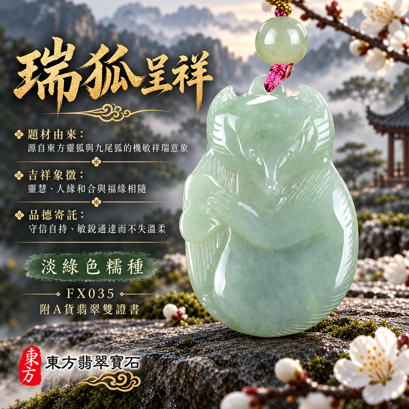 翡翠狐狸項鍊玉珮｜靈巧敏銳・智慧圓融・和合順遂・福運相隨・平安吉祥｜天然A貨翡翠・緬甸玉・淡綠色・糯種｜狐狸｜狐狸玉珮・狐狸玉墜・狐狸吊墜・翡翠狐狸牌・狐狸項鍊・緬甸玉項鍊・A貨翡翠項鍊｜FX035｜男女翡翠項鍊・送禮收藏｜客製化訂做翡翠狐狸玉珮、翡翠狐狸玉墜、翡翠狐狸吊墜、翡翠狐狸項鍊｜附A貨翡翠雙證書・東方翡翠寶石