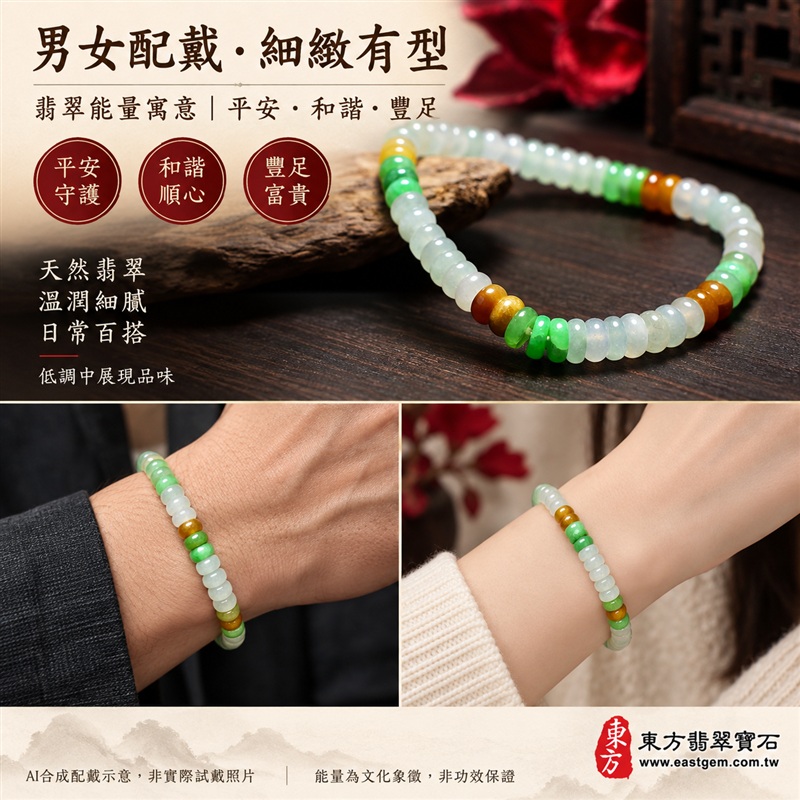 三色算盤珠翡翠手鍊、三色算盤珠緬甸玉手鍊|白綠黃三色翡翠珠子、珠徑約5mm小巧算盤珠、圓潤扁形、細緻串連|柔白映綠、蜜黃點綴、溫潤光澤、自然玉石紋理、清雅秀氣|精打細算、聚福納財、富足喜悅、平安和諧、圓滿順心吉祥寓意|男女日常配戴、簡約穿搭、生日紀念送禮、自戴珍藏|客製化翡翠手鍊、翡翠手珠、翡翠珠串、翡翠珠子、緬甸玉手鍊、緬甸玉珠串、緬甸玉珠子與緬甸玉手珠搭配設計|附A貨翡翠雙證書|東方翡翠寶石|OPP019-2 三色算盤珠翡翠手鍊、三色算盤珠緬甸玉手鍊|白綠黃三色翡翠珠子、珠徑約5mm小巧算盤珠、圓潤扁形、細緻串連|柔白映綠、蜜黃點綴、溫潤光澤、自然玉石紋理、清雅秀氣|精打細算、聚福納財、富足喜悅、平安和諧、圓滿順心吉祥寓意|男女日常配戴、簡約穿搭、生日紀念送禮、自戴珍藏|客製化翡翠手鍊、翡翠手珠、翡翠珠串、翡翠珠子、緬甸玉手鍊、緬甸玉珠串、緬甸玉珠子與緬甸玉手珠搭配設計|附A貨翡翠雙證書|東方翡翠寶石|OPP019-2