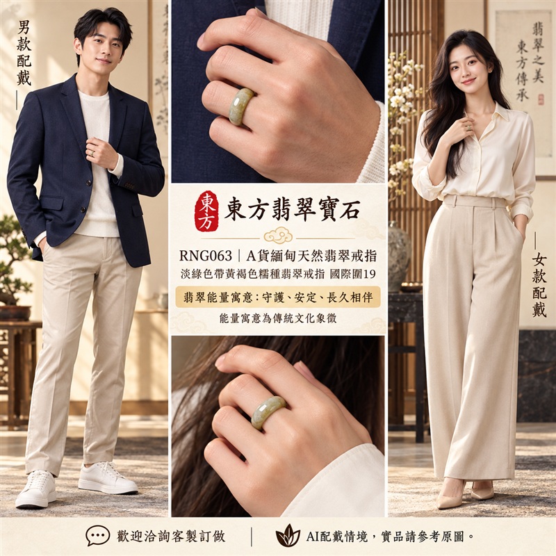 （已售出勿下標 可洽客製訂做）｜A貨緬甸天然翡翠戒指｜淡綠色帶黃褐色糯種翡翠戒指 國際圍19｜俏色點綴 自然玉色層次 溫潤玉質觀感｜寓意圓滿和合、平安順遂、吉祥如意、福氣常伴、情緣長久｜翡翠玉戒 版指戒 結婚戒指 男女對戒 情侶對戒｜可客製訂做翡翠戒指、吊墜、玉珮、項鍊｜RNG063｜附A貨翡翠雙證書2