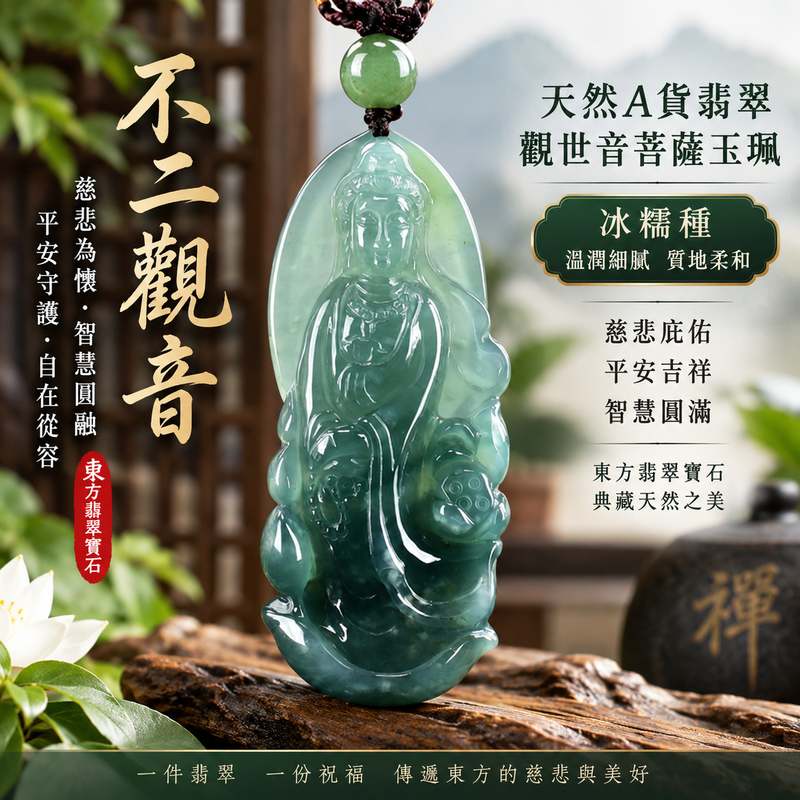 冰糯種瓜地馬拉翡翠不二觀音觀世音菩薩玉珮 I 慈悲自在平安守護智慧圓滿 GY975 玉質溫潤雅緻日常佩戴收藏送禮 I 天然A貨翡翠觀音玉珮附雙證書 I 不二觀音慈悲智慧吉祥寓意 I 東方翡翠寶石天然玉石珠寶收藏佩戴精品1