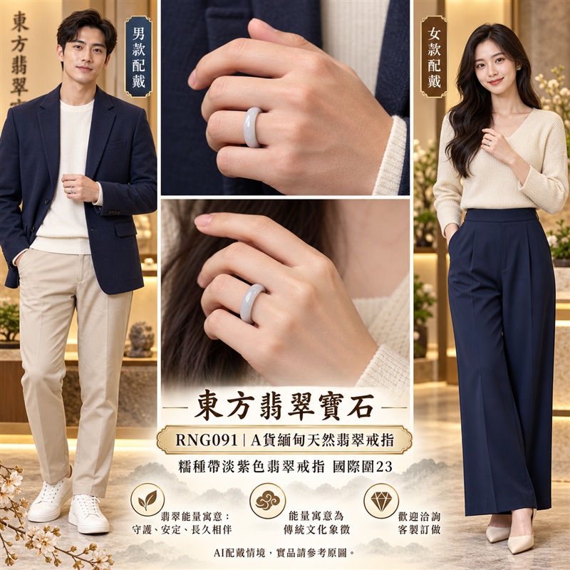 （已售出勿下標 可洽客製訂做）｜A貨緬甸天然翡翠戒指｜糯種帶淡紫色翡翠戒指 國際圍23｜淡雅紫韻 配色柔和 溫潤玉質觀感｜寓意紫氣東來、圓滿和合、平安順遂、吉祥如意、福氣常伴、情緣長久｜翡翠玉戒 版指戒 結婚戒指 男女對戒 情侶對戒｜可客製訂做翡翠戒指、吊墜、玉珮、項鍊｜RNG091｜附A貨翡翠雙證書2