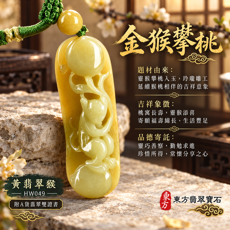 已售出可訂做｜翡翠生肖猴項鍊玉珮｜聰慧靈巧・積極進取・福運相隨・前程順遂・平安吉祥・萬事如意・封侯進祿｜天然A貨翡翠・緬甸玉・黃翡翠｜吉祥如意｜猴玉珮・猴玉墜・猴吊墜・翡翠猴牌・猴項鍊・緬甸玉項鍊・A貨翡翠項鍊｜HW049｜男女翡翠項鍊・送禮收藏｜客製化訂做翡翠猴玉珮、翡翠猴玉墜、翡翠猴吊墜、翡翠猴項鍊｜附A貨翡翠雙證書・東方翡翠寶石