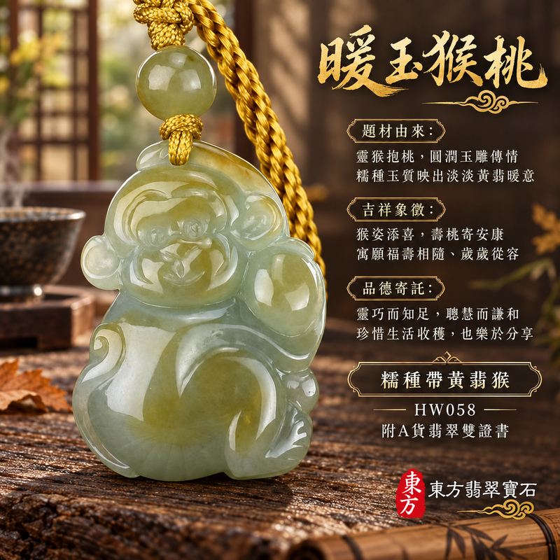 已售出可訂做｜翡翠生肖猴項鍊玉珮｜聰慧靈巧・積極進取・福運相隨・前程順遂・平安吉祥・萬事如意・封侯進祿｜天然A貨翡翠・緬甸玉・黃翡・糯種・帶黃翡｜吉祥如意｜猴玉珮・猴玉墜・猴吊墜・翡翠猴牌・猴項鍊・緬甸玉項鍊・A貨翡翠項鍊｜HW058｜男女翡翠項鍊・送禮收藏｜客製化訂做翡翠猴玉珮、翡翠猴玉墜、翡翠猴吊墜、翡翠猴項鍊｜附A貨翡翠雙證書・東方翡翠寶石
