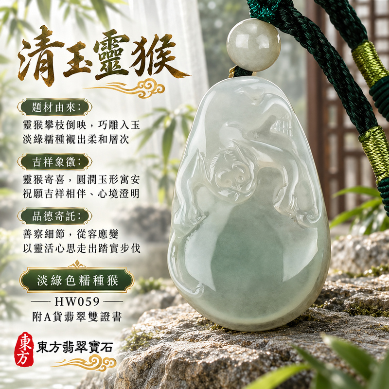 翡翠生肖猴項鍊玉珮|聰慧靈巧・積極進取・福運相隨・前程順遂・平安吉祥・萬事如意・封侯進祿|天然A貨翡翠・緬甸玉・淡綠色・糯種|吉祥如意|猴玉珮・猴玉墜・猴吊墜・翡翠猴牌・猴項鍊・緬甸玉項鍊・A貨翡翠項鍊|HW059|男女翡翠項鍊・送禮收藏|客製化訂做翡翠猴玉珮、翡翠猴玉墜、翡翠猴吊墜、翡翠猴項鍊|附A貨翡翠雙證書・東方翡翠寶石 翡翠生肖猴項鍊玉珮|聰慧靈巧・積極進取・福運相隨・前程順遂・平安吉祥・萬事如意・封侯進祿|天然A貨翡翠・緬甸玉・淡綠色・糯種|吉祥如意|猴玉珮・猴玉墜・猴吊墜・翡翠猴牌・猴項鍊・緬甸玉項鍊・A貨翡翠項鍊|HW059|男女翡翠項鍊・送禮收藏|客製化訂做翡翠猴玉珮、翡翠猴玉墜、翡翠猴吊墜、翡翠猴項鍊|附A貨翡翠雙證書・東方翡翠寶石