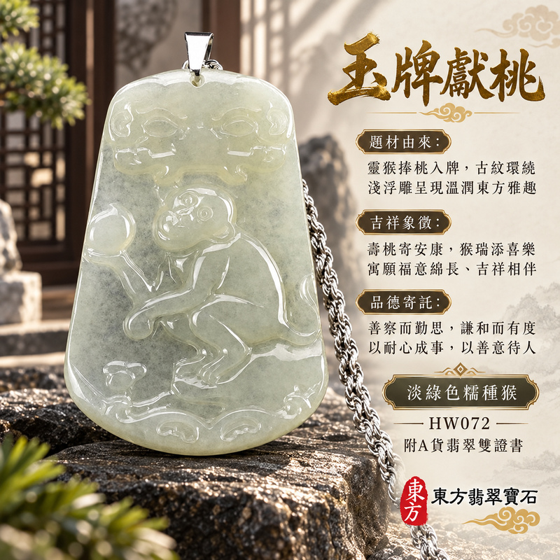 翡翠生肖猴項鍊玉珮｜聰慧靈巧・積極進取・福運相隨・前程順遂・平安吉祥・萬事如意・福壽安康・封侯進祿｜天然A貨翡翠・緬甸玉・淡綠色・糯種｜猴子抱桃，吉祥如意｜猴玉珮・猴玉墜・猴吊墜・翡翠猴牌・猴項鍊・緬甸玉項鍊・A貨翡翠項鍊｜HW072｜男女翡翠項鍊・送禮收藏｜客製化訂做翡翠猴玉珮、翡翠猴玉墜、翡翠猴吊墜、翡翠猴項鍊｜附A貨翡翠雙證書・東方翡翠寶石